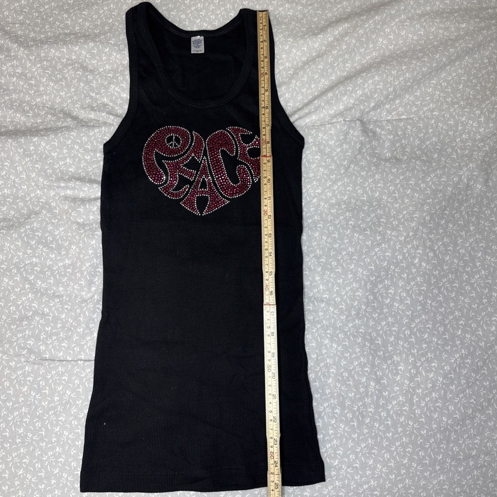 Black Ribbed Tank Top Pink Rhinestone Heart Monogram - Size M | - Picture 5 of 6